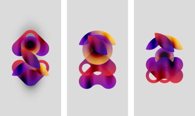 Soyut sanat eserleri. Üç panel üst üste binen canlı şekiller gösteriyor. Renkler mor, mavi, turuncu, kırmızı arasında değişir. Modern tasarım, yumuşak eğimler.