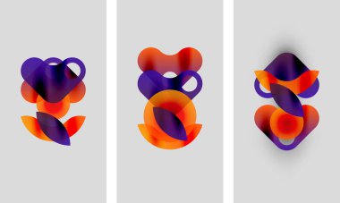 Soyut sanat eserleri. Üç panelde üst üste binen renkli şekiller var. Mor, turuncu renkler kompozisyona hakim. Yumuşak eğimler derinlik yaratır.