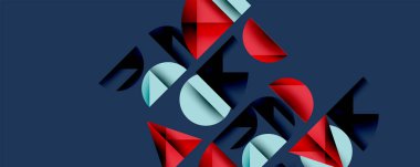 Soyut tasarım parçalanmış metin, kalın renkler, geometrik şekiller içerir. Mavi zemin, kırmızı ve beyaz elementlere zıt. Modern estetik.