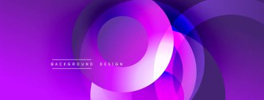 Soyut mor katmanlar dinamik arkaplan yaratır. Çemberler üst üste binerek modern tasarım elementini oluşturuyor. Yumuşak gradyanlar görsel ilgi sunar.