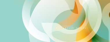 Soyut geometrik şekiller çakışıyor, yumuşak renk eğimleri yaratıyor. Açık turkuaz, turuncu, yeşil renkler tasarımda baskın. Minimalist stil.