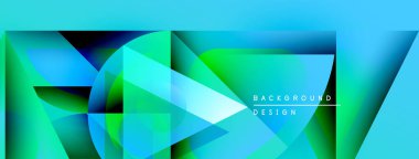 Soyut geometrik şekiller canlı mavileri, yeşillikleri harmanlarlar. Modern tasarım üst üste binen katmanlar, gradyanlar, metin elementleri içerir. Minimalist estetik.