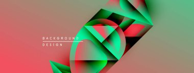 Soyut geometrik şekiller örtüşüyor, canlı kırmızı ve yeşil renkler yaratıyor. Arka planda yumuşak pembe, bej renkler var. Modern tasarım ögesi.