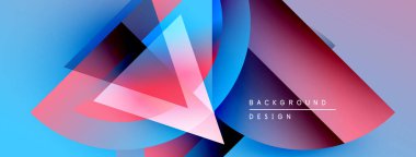 Soyut geometrik şekiller örtüşüyor, canlı renk eğimleri yaratıyor. Mavi, pembe, mor renkler tasarımda baskın. Metin arkaplan tasarımı okur.
