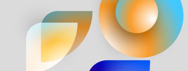 Soyut şekiller örtüşüyor, canlı gradyanlar yaratıyor. Turuncu, mavi, sarı renkler tarafsız arkaplanda baskın. Modern tasarım elemanları.