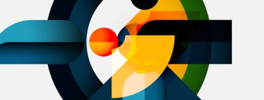 Soyut geometrik bileşim. Şekiller örtüşüyor, dinamik görsel ilgi yaratıyor. Renkler arasında mavi, turuncu, yeşil, beyaz, siyah yer alıyor. Modern tasarım.