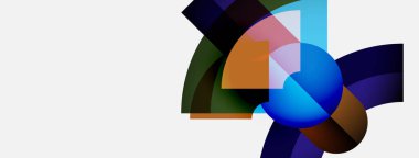 Soyut renkli şekiller örtüşür, dinamik bileşim yaratır. Mavi, turuncu, mor renkler beyaz arkaplana hakim. Modern tasarım.