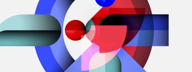 Soyut kompozisyon. Üst üste binen şekiller, canlı renkler, modern tasarım. Geometrik formlar dinamik görsel deneyim yaratır.