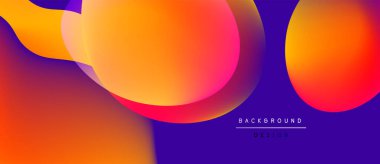 Soyut gradyanlar canlı turuncu, kırmızı ve mor renkleri harmanlarlar. Üst üste binen şekiller dinamik görsel efekt yaratır. Modern tasarım ögesi.