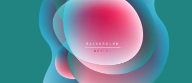 Soyut sıvı şekilleri örtüşür ve canlı renk değişimleri yaratır. Teal arkaplanı pembeleri, mavileri, yumuşak geçişleri tamamlar. Modern tasarım ögesi.