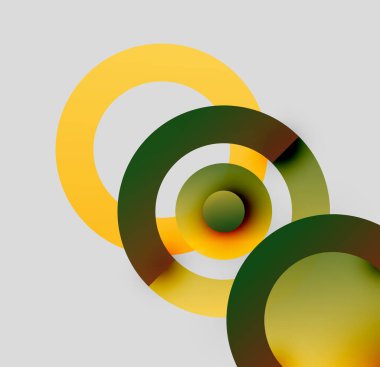 Soyut daireler örtüşüyor, canlı renk eğimleri yaratıyor. Sarı, yeşiller tarafsız gri arka plana hakim. Modern tasarım elemanları.