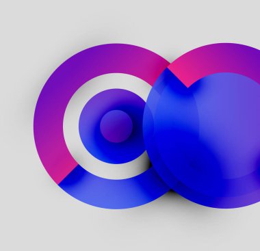 Soyut tasarım özellikleri üst üste biniyor. Mor, mavi, beyaz renkler modern görsel etki yaratır. Minimalist kompozisyon, pürüzsüz gradyanlar mevcut.