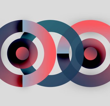 Soyut daireler örtüşür, canlı renk karışımları yaratır. Kırmızı, deniz mavisi, siyah, beyaz renkler kompozisyona hakim. Modern tasarım.