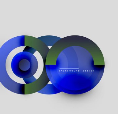 Soyut daireler örtüşüyor, dinamik mavi, yeşil gradyanlar yaratıyor. Metin elementli minimalist tasarım. Modern estetik.