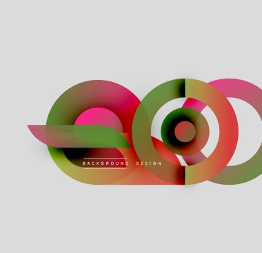 Soyut renkli çakışan daireler dinamik bileşim oluşturur. Değişken tonlara sahip modern tasarım ögeleri, basit metin.