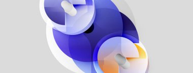 Soyut şekiller üst üste binerek sıvı formları oluşturur. Mavi, turuncu renkler yumuşak renklerle harmanlanır. Minimalist tasarım modern estetiği çağrıştırıyor.