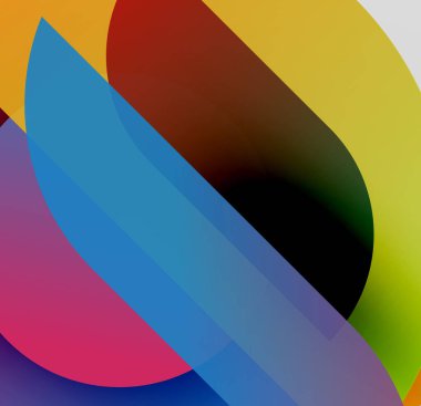 Soyut şekiller örtüşür, canlı renk karışımları yaratır. Yumuşak eğimler biçimleri tanımlar, hareket ve derinliği belirtir. Kompozisyon dinamik ve modern hissettiriyor..