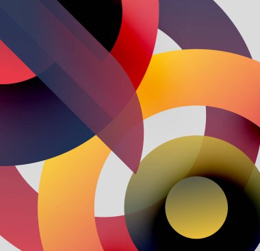 Soyut kompozisyon. Üst üste binen renkli çemberler dinamik görsel efekt yaratır. Sıcak, serin tonlar kusursuz bir şekilde harmanlanır. Modern tasarım.