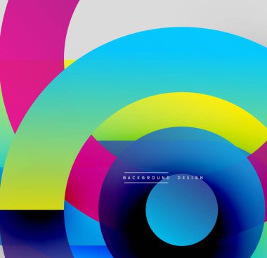 Soyut canlı katmanlar dinamik bileşim yaratır. Üst üste binen daireler, gradyanlar, kalın renkler modern tasarımı tanımlar. Düz geçişler, görsel uyum..