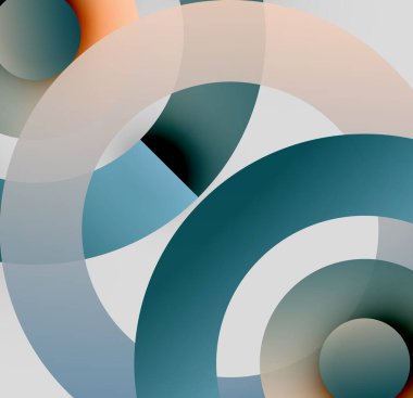 Soyut kompozisyon. Üst üste binen daireler dinamik görsel efekt yaratır. Yumuşak renk paleti, gradyanlar mevcut. Modern tasarım ögeleri.
