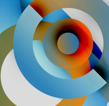 Soyut eşmerkezli çemberler, canlı renklerin karışımı. Şekiller örtüşür ve dinamik görsel efekt yaratır. Modern tasarım, pürüzsüz eğimler.