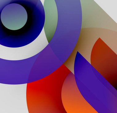Soyut kompozisyon. Üst üste binen daireler canlı renk değişimleri yaratır. Modern tasarım, basit şekiller, görsel uyum..