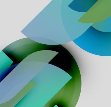 Soyut kompozisyon. Üstüste binen yarı saydam şekiller dinamik görsel efekt yaratır. Serin maviler, yeşiller nötr arka plana hakim. Modern tasarım.