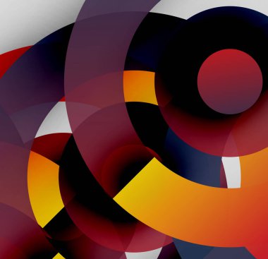 Soyut kompozisyon. Üst üste binen daireler, canlı renkler, dinamik şekiller modern görsel deneyimler yaratır. Kalın karşıtlıklar, pürüzsüz gradyanlar sanatsal tasarım sunar.