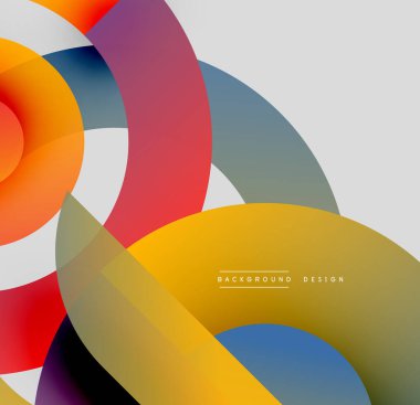 Soyut renkli çakışan daireler dinamik görsel kompozisyon oluşturur. Modern tasarım elementleri temiz estetik cazibe sunar.