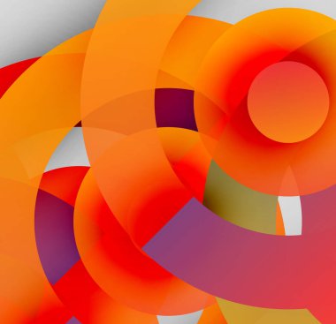 Soyut kompozisyon. Üst üste binen daireler, canlı turuncu renkler baskın. Şekiller dinamik görsel ilgi yaratır, modern estetik..