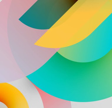 Soyut kompozisyon. Üst üste binen renkli şekiller, dinamik görsel deneyimler yaratıyor. Yumuşak eğimler, pürüzsüz geçişler tasarıma hakim..