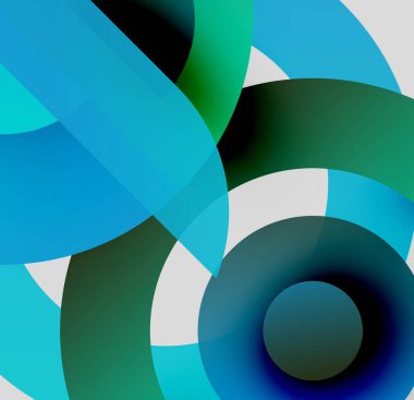 Soyut kompozisyon. Üst üste binen daireler dinamik görsel efekt yaratır. Gölgeler gök mavisinden koyu maviye, artı beyaz aksanlar.