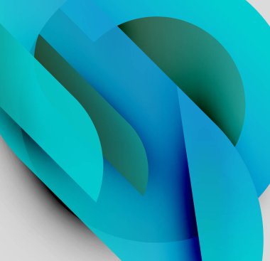 Soyut kompozisyon. Üst üste binen şekiller dinamik görsel efekt yaratır. Mavi, deniz mavisi, yeşil renkler tasarımda baskın. Modern estetik.