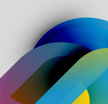 Soyut renkli şekiller örtüşür, dinamik görsel akış yaratır. Gradyanlar mavileri, yeşillikleri, sarıları, morları harmanlarlar. Minimalist tasarım.