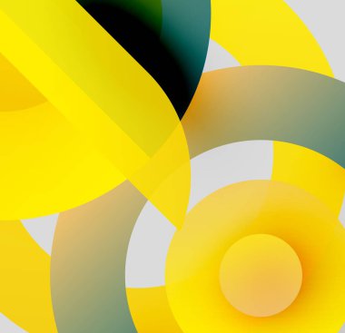Soyut kompozisyon. Üst üste binen daireler, canlı sarılar, sessiz yeşiller, gri tonlar dinamik görsel efekt yaratır. Modern tasarım.