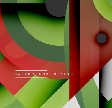 Soyut geometrik şekiller çakışıyor. Yeşil, kırmızı, siyah, beyaz renkler dinamik kompozisyon oluşturur. Modern tasarım öğeleri görsel ilgi sunar.