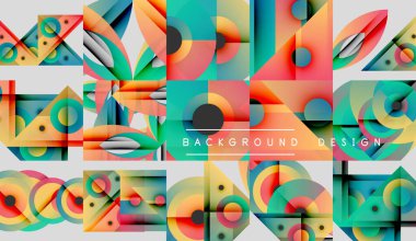 Soyut geometrik desenler, canlı renkler, üst üste binen şekiller. Modern tasarım elementleri dinamik görsel doku oluşturur.