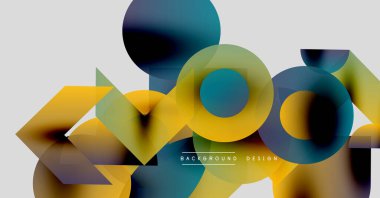 Soyut geometrik şekiller örtüşüyor, canlı renk eğimleri yaratıyor. Sarılar, maviler, yeşiller pürüzsüzce harmanlanır. Modern tasarım ögesi.