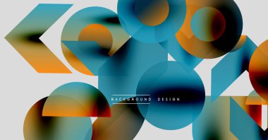 Soyut geometrik şekiller örtüşüyor, canlı renk eğimleri yaratıyor. Mavi, turuncu, kahverengi renkler kompozisyona hakim. Modern tasarım ögesi.