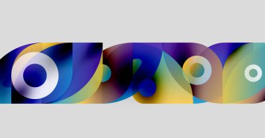 Soyut renkli şekiller örtüşür, dinamik görsel efekt yaratır. Gradyan renkler harmanlanarak modern tasarım ögesini oluşturur.