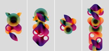 Soyut renkli şekiller örtüşür, canlı kompozisyonlar yaratır. Dört panelde çeşitli düzenlemeler ve gradyanlar var.