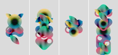 Soyut renkli şekiller örtüşür, canlı kompozisyonlar yaratır. Dört panel varyasyonları gösteriyor, gradyanlar düzgün kayıyor. Modern tasarım elementleri sıvı formlarını sunar.