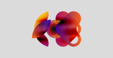 Soyut renkli şekiller örtüşüyor ve canlı bir görsel etki yaratıyor. Yumuşak gradyanlar turuncu, kırmızı ve mor renkleri harmanlarlar. Açık gri arkaplanda minimalist tasarım.
