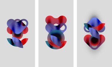 Soyut sanat eserleri. Üç panel üst üste binen renkli şekilleri gösteriyor, kırmızı, mavi, turkuaz renkler. Yumuşak eğimler sıvı formlar yaratır. Minimalist tasarım.