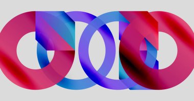 Birbirine kenetlenmiş halkalar, canlı renkler, maviler, mor soyut tasarım. Modern, minimalist estetik. Yumuşak gradyanlar.