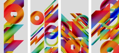 Soyut renkli paneller dinamik bileşim oluşturur. Geometrik şekiller çakışıyor ve canlı bir görsel etki yaratıyor. Modern sanat tarzı.