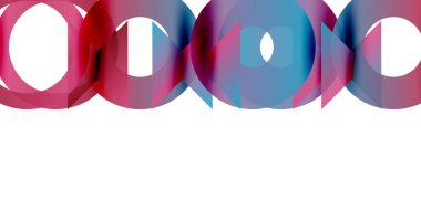 Soyut üst üste binen daireler, canlı kırmızı, pembe, mavi renkler. Minimalist tasarım, temiz çizgiler, modern estetik. Beyaz arkaplan karşıtlık sağlar.