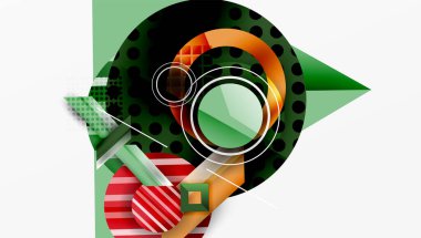 Soyut geometrik bileşim. Üst üste binen daireler, kareler, çizgiler dinamik görsel efekt yaratır. Yeşil, turuncu, siyah baskın palet.