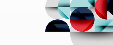 Soyut geometrik bileşim. Üst üste binen daireler, kareler dinamik görsel efektler yaratır. Kırmızı, mavi, gri tonlar tasarımda baskın. Minimalist stil.