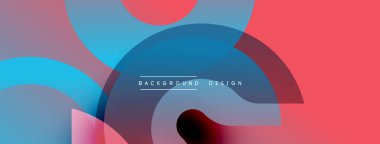 Soyut geometrik şekiller örtüşüyor, canlı renk eğimleri yaratıyor. Pembe, mavi renkler kompozisyona hakim. Metin arkaplan tasarımı okur.